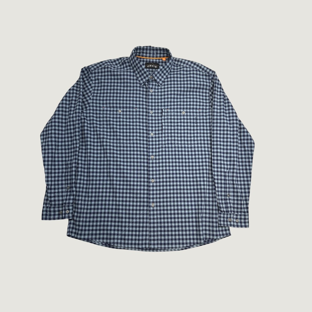 Orvis Button Down Shirt Mens XL Blue Gingham Long Sleeve Cotton Stretch Utility